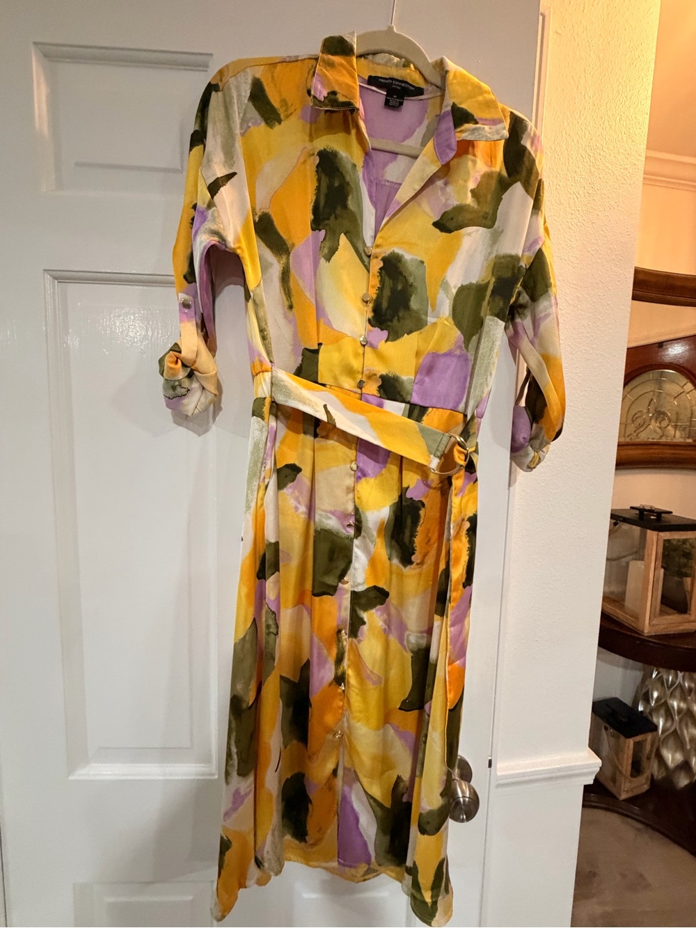Abstract Print Shirt Dress with Belt - Yellow, Olive & Lavender